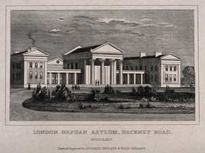 view The London Orphan Asylum, Clapton. Engraving, 1838, after T. H. Shepherd.