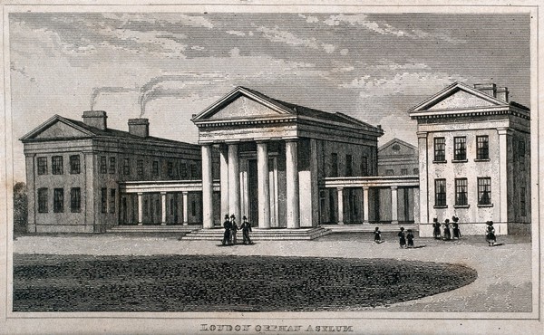 The London Orphan Asylum, Clapton. Engraving by H. W. Bond, 1828, after T. H. Shepherd.