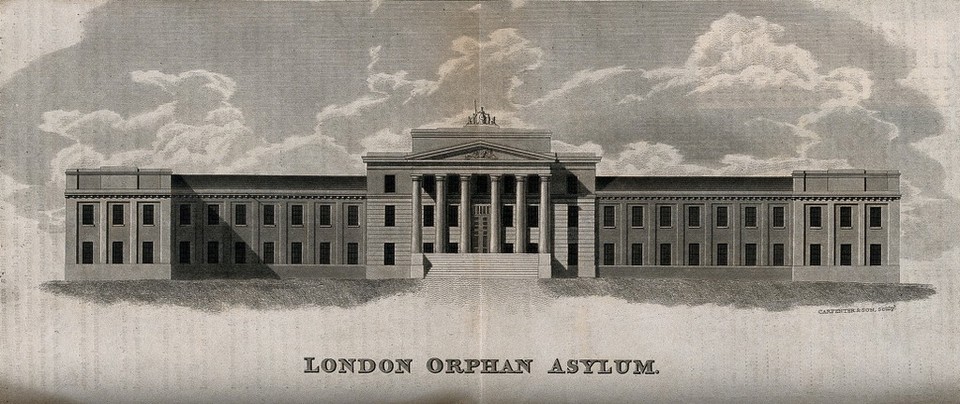 The London Orphan Asylum, Clapton: the facade as planned. Engraving by W. H. Carpenter and W. Carpenter, c.1821.