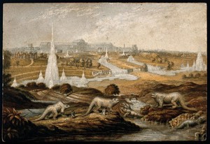 view The Crystal Palace from the Great Exhibition, installed at Sydenham: sculptures of prehistoric creatures in the foreground. Colour Baxter-process print by G. Baxter, 1864(?).