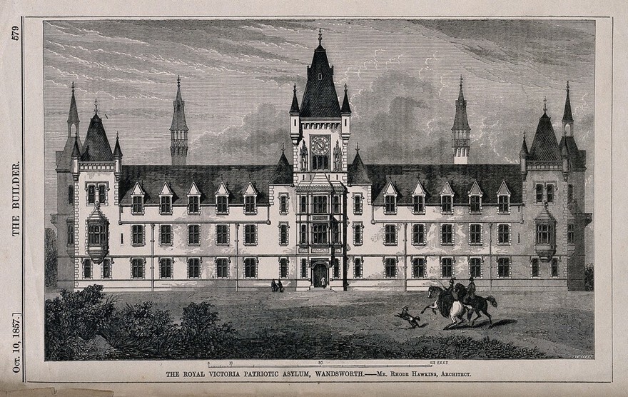 The Royal Victoria Patriotic Asylum, Wandsworth: the facade. Wood engraving by W. E. Hodgkin after B. Sly.