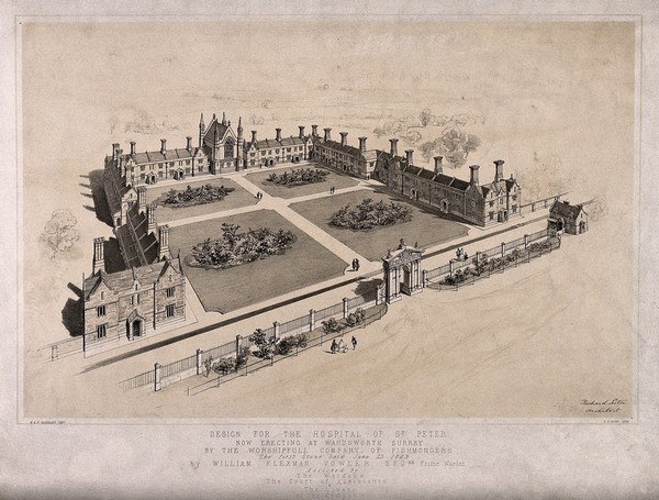The Hospital of St. Peter, Wandsworth: bird's-eye view. Lithograph by M. &. N. Hanhart after T. S. Boys, 1849.