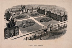 view The Hospital of St. Peter, Wandsworth: bird's-eye view. Wood engraving by C. D. Laing, 1850, after T. S. Boys, 1849.