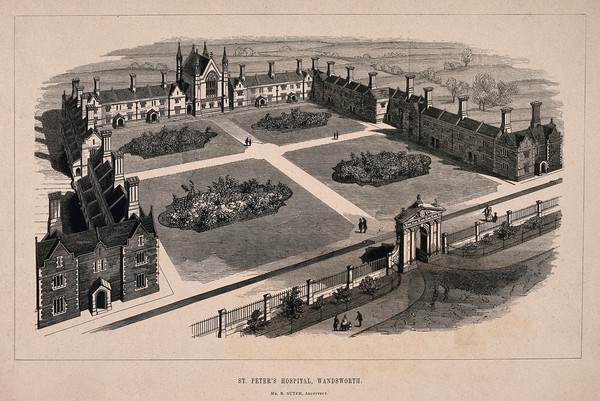 The Hospital of St. Peter, Wandsworth: bird's-eye view. Wood engraving by C. D. Laing, 1850, after T. S. Boys, 1849.