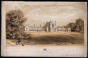 view The Hospital of St. Peter, Wandsworth: the north facade and lawn. Coloured lithograph, 1849.