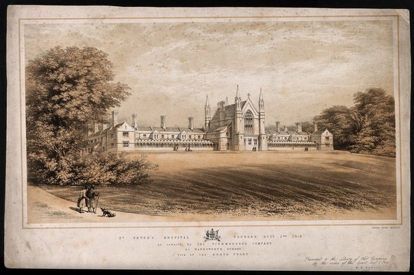 The Hospital of St. Peter, Wandsworth: the north facade and lawn. Coloured lithograph, 1849.