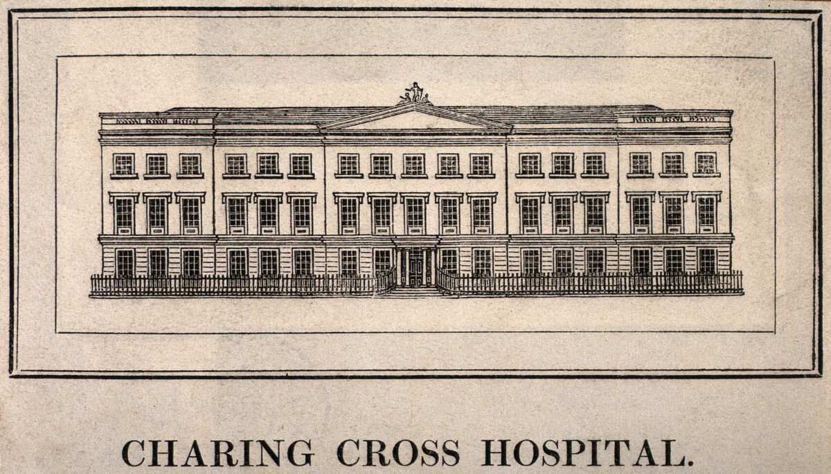 Charing Cross Hospital, London. Wood engraving., by Decimus Burton