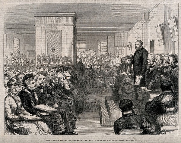 Charing Cross Hospital: the Prince of Wales opening some new wards. Wood engraving.