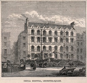 view The Dental Hospital, Leicester Square. Wood engraving by T. W.