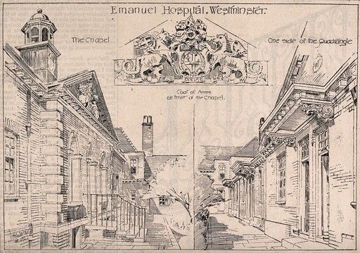 Emanuel Hospital, Tothill Fields, Westminster. Process print after a drawing by R. W. Paul, 1892.