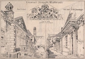 view Emanuel Hospital, Tothill Fields, Westminster. Process print after a drawing by R. W. Paul, 1892.