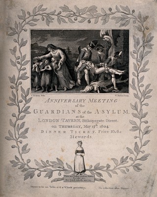 Invitation to a dinner of the Guardians of the Asylum for Female Orphans: with a scene of a soldier falling in battle, and a widow and daughters. Engraving by W. Skelton, 1804, after C. R. Ryley.