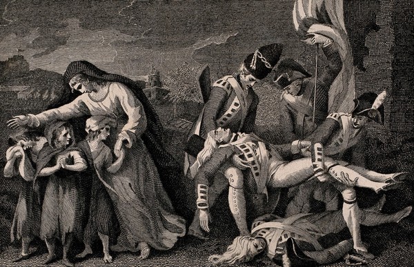 Invitation to a dinner of the Guardians of the Asylum for Female Orphans: with a scene of a soldier falling in battle, and a widow and daughters. Engraving by W. Skelton, 1804, after C. R. Ryley.