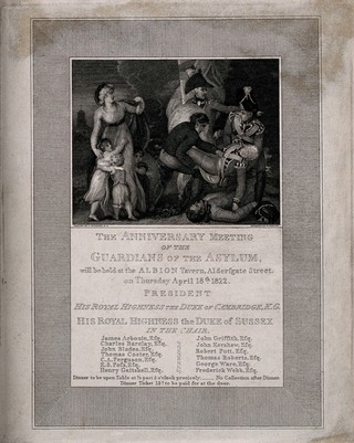 Invitation to a dinner of the Guardians of the Asylum for Female Orphans: with a scene of a soldier falling in battle, and a widow and daughters. Engraving by W. Skelton, 1822, after T. Stothard.