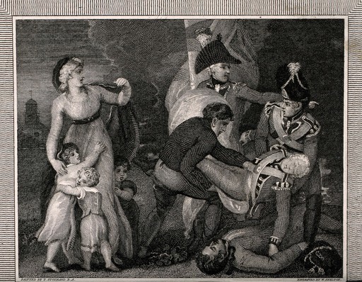 Invitation to a dinner of the Guardians of the Asylum for Female Orphans: (detail) a soldier falling in battle, and a widow and daughters. Engraving by W. Skelton, 1822, after T. Stothard.