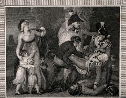 Invitation to a dinner of the Guardians of the Asylum for Female Orphans: with a scene of a soldier falling in battle, and a widow and daughters. Engraving by W. Skelton, 1822, after T. Stothard.
