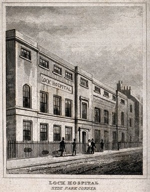 view The Lock Hospital, Hyde Park Corner, Westminster. Engraving by J. Shury after T. H. Shepherd.