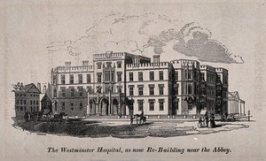 view The Westminster Hospital, London. Wood engraving by T. Bagg.