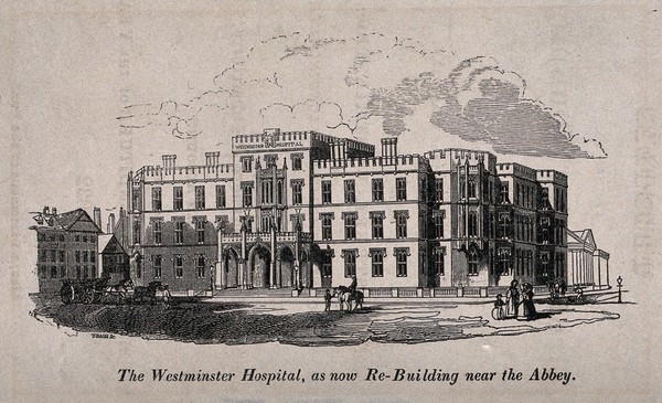 The Westminster Hospital, London. Wood engraving by T. Bagg.