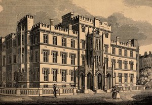 view The Westminster Hospital, London. Wood engraving after E. Whymper.