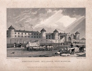 view Millbank penitentiary, London. Engraving by J. Tingle after T. H. Shepherd.