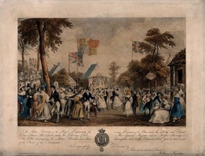 view Regent's Park, London: a charity fair for the Royal dispensary for diseases of the ear. Coloured lithograph by M. Gauci, 1832.