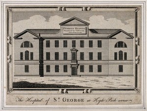 view St. George's Hospital, Hyde Park Corner. Engraving by T. White, 1770.