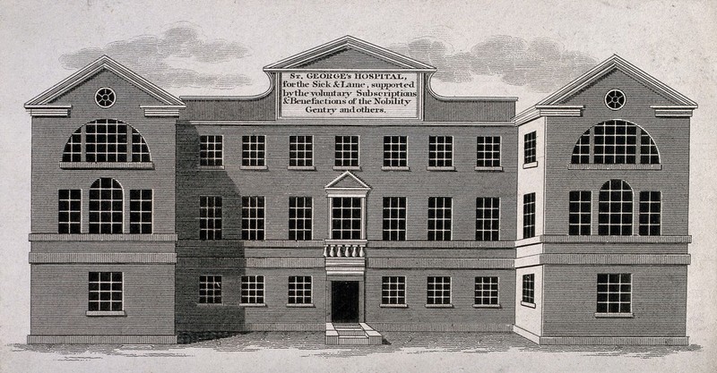St. George's Hospital, Hyde Park Corner. Engraving., by Isaac Ware
