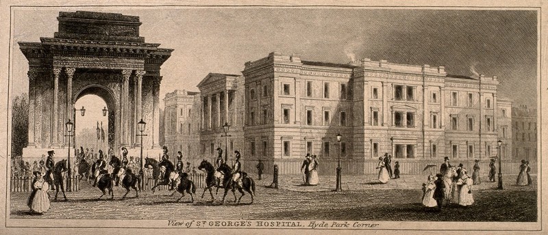 St. George's Hospital and the Constitution Arch, Hyde Park Corner. Engraving., by William Wilkins