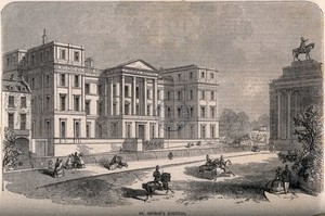 view St. George's Hospital and the Constitution Arch, Hyde Park Corner. Wood engraving.