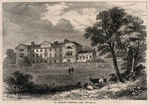 view St. George's Hospital, Hyde Park Corner: seen from inside Hyde Park. Wood engraving by Greenaway after a print of 1745.