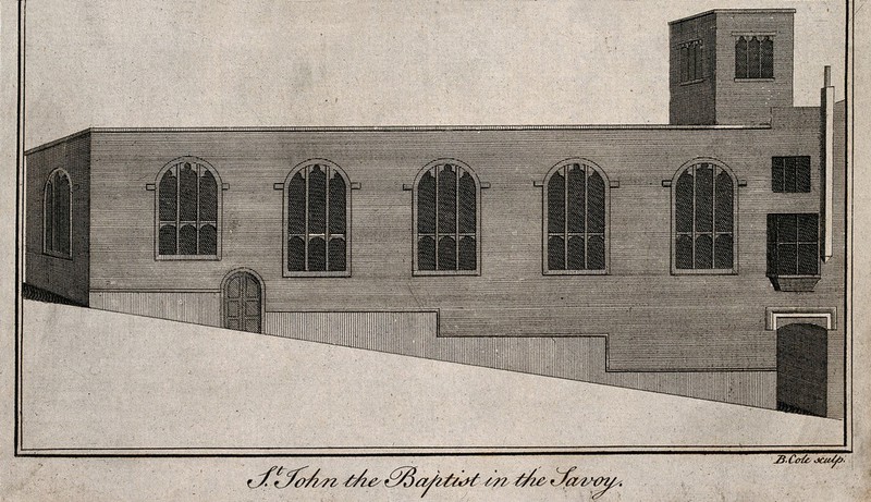 The church of St. John the Baptist, Savoy Hill. Engraving by B. Cole., by Benjamin Cole