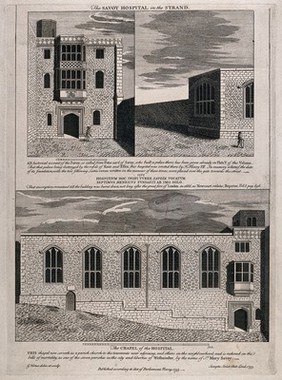 The church, above, and hospital, below, of Savoy, London. Engraving by G. Vertue, 1753, after himself.