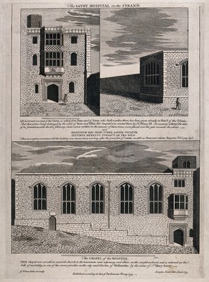 view The church, above, and hospital, below, of Savoy, London. Engraving by G. Vertue, 1753, after himself.