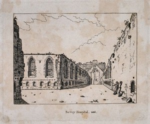 view Savoy Hospital, off the Strand: ruins of the walls. Etching.