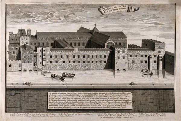 The church and hospital of Savoy, London: bird's-eye view from Southwark. Engraving by G. Vertue, 1750, after himself, 1736.
