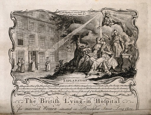The British Lying-in Hospital, Holborn: the facade and an allegorical scene of charity. Engraving by J. S. Miller after himself.