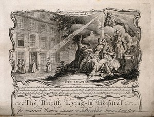 view The British Lying-in Hospital, Holborn: the facade and an allegorical scene of charity. Engraving by J.S. Miller after himself.