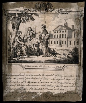 view The Westminster Lying-in Hospital, Lambeth. Engraving on silk by C. Grignion after S. Wale.