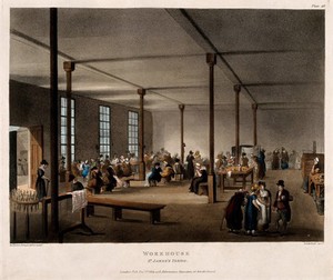 view The Workhouse, Poland Street, Soho: the interior. Coloured aquatint by T. Sunderland after A. C. Pugin and T. Rowlandson, 1809.