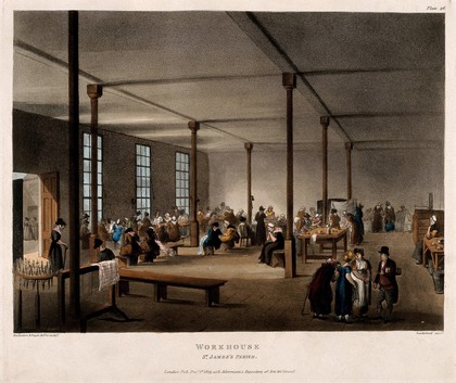 The Workhouse, Poland Street, Soho: the interior. Coloured aquatint by T. Sunderland after A. C. Pugin and T. Rowlandson, 1809.
