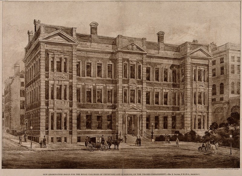 The examination hall of Medicine and Surgery, Savoy Place, London. Lithograph, [1885]., 1885, by Stephen Salter