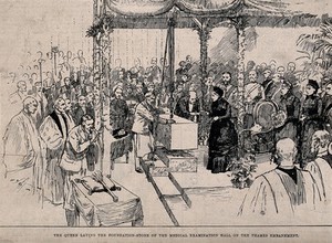 view The examination hall of the Colleges of Physicians and Surgeons: Queen Victoria laying the foundation stone. Wood engraving.