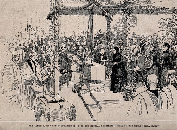 The examination hall of the Colleges of Physicians and Surgeons: Queen Victoria laying the foundation stone. Wood engraving.