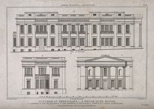 view The Royal College of Physicians, Trafalgar Square: various elevations, with a scale of feet. Engraving by W. Deeble, 1826, after H. Ansted.