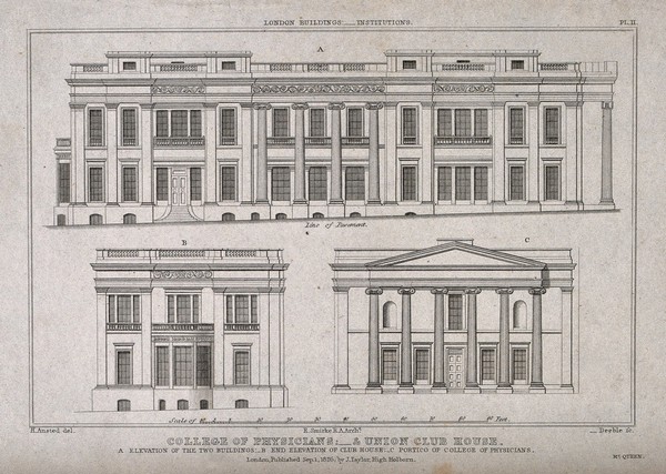 The Royal College of Physicians, Trafalgar Square: various elevations, with a scale of feet. Engraving by W. Deeble, 1826, after H. Ansted.
