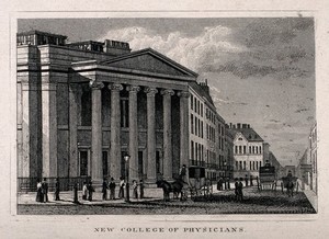 view The Royal College of Physicians, Trafalgar Square: the facade. Engraving by T. Barber, 1828, after T. H. Shepherd.