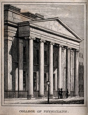 view The Royal College of Physicians, Trafalgar Square: the portico. Engraving.