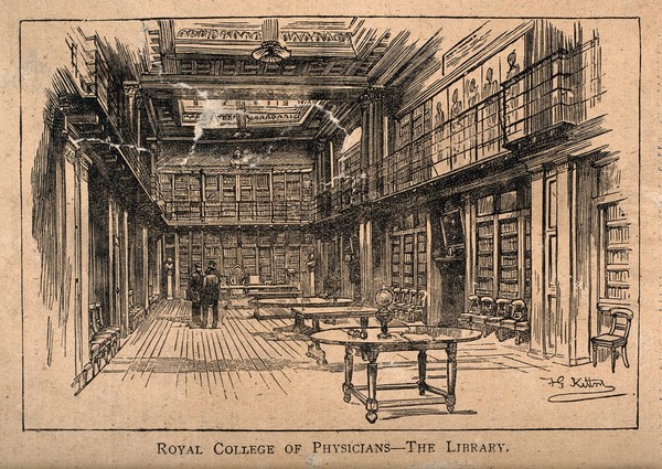 The Royal College of Physicians: the library. Wood engraving by F. G. Kitton, 1887.