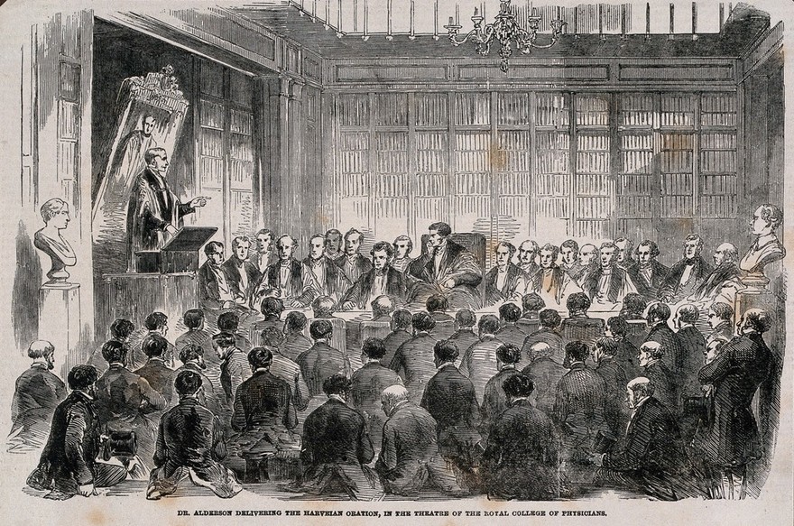 The Royal College of Physicians, Trafalgar Square: Sir James Alderson delivering the Harveian lecture. Wood engraving, 1854.